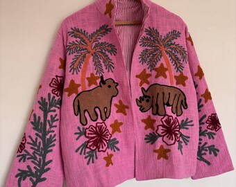 Pink Embroidered Statement Jacket with Animal & Tropical Motif