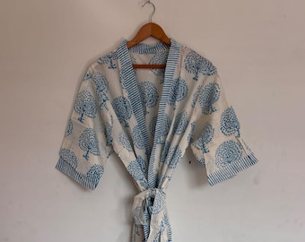 Blue Botanical Print Wrap Robe Dress Lightweight Blue Botanical Kimono-Style Wrap Robe Dress