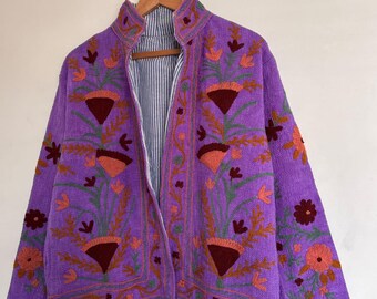 Purple TNT Cotton Suzani Embroidered Jacket: Handmade Indian Boho Coat