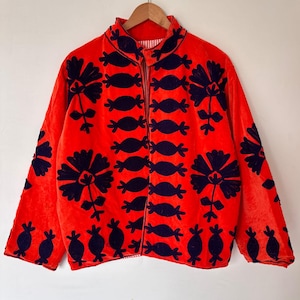 Firelight Velvet Jacket with Shadow Folk Embroidery Scarlet Bloom Artisan Jacket with Bold Black Motifs gifts for her