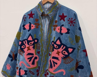 Whimsical Hand-Embroidered Blue Velvet Jacket with Playful Cat Motifs gifts for her