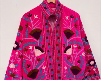 Handcrafted Pink Suzani Embroidered Jacket | Floral Velvet Boho Jacket | Colorful Folk Art Statement Coat