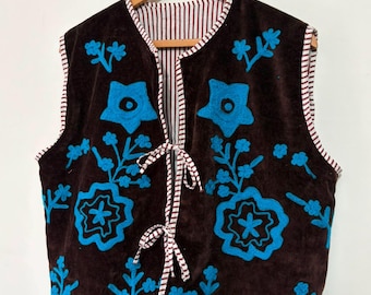 Handcrafted Black Velvet Embroidered Vest, Blue Floral Folk Jacket, Boho Sleeveless Waistcoat, Artisan Layering Top