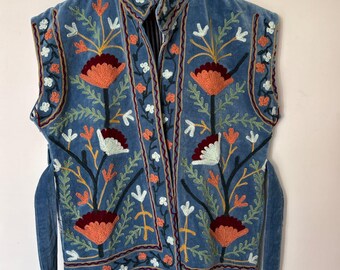 Velvet Suzani Embroidered Vest: Floral Boho Short Coat