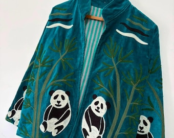 Teal Velvet Panda Embroidered Jacket, Handmade Bamboo Jacket, Boho Animal Jacket, Artisan Velvet Coat, Whimsical Statement Outerwear