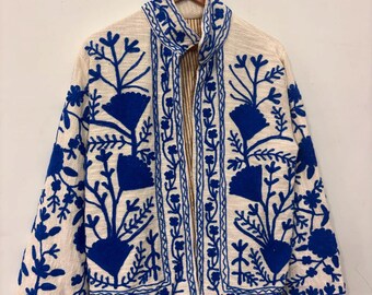 Handcrafted Blue Suzani Embroidered Jacket | TNT Fabric Floral Jacket | Cream & Royal Blue Boho Folk Art Coat