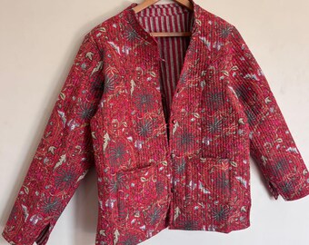 Pink Indian Cotton Quilted jacket, Floral Print, Women's wear