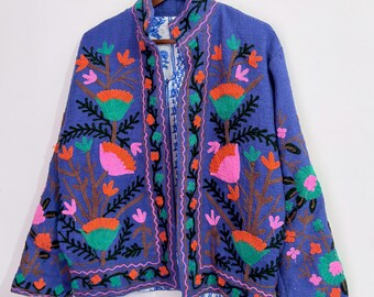 Blue Handcrafted Suzani Embroidered Jacket – Bohemian Floral Artisan Coat