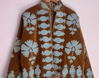 Handcrafted Camel Velvet Suzani Embroidered Jacket – Floral Artisan Boho Jacket | Luxury statement outerwear