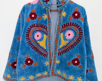 Sky Blue Velvet Embroidered Jacket with Folk Heart Motif