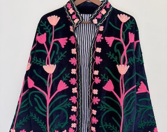 Embroidered Floral Velvet Jacket, Handcrafted Boho Jacket, Navy Blue Statement Coat, Ethnic Wear, Festival Jacket, Unique Gift for Women
