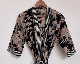 Elegant Black Floral Wrap Robe with Striped Trim beach cover kimono robe quality kimono robe trending kimono robe
