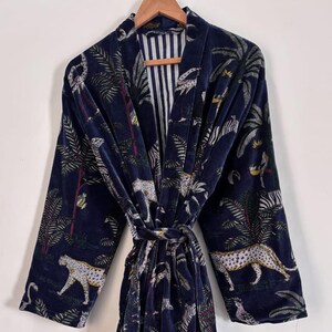 Royal Blue Jangle print kimono robe soft velvet robe trending robes nightwear robes relax and easy fit traditional robes gifts for her