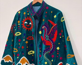 Handcrafted Cream Suzani Embroidered Jacket | Floral Folk Art Velvet Jacket | Boho Statement Coat color full jacket
