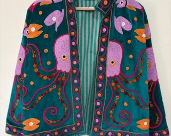 Handcrafted Octopus Suzani Embroidered Jacket | Teal Velvet Boho Jacket | Colorful Ocean Inspired Folk Art Coat unique wear