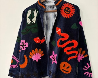 Handcrafted Navy Velvet Embroidered Jacket, Colorful Folk Art Statement Coat, Boho Suzani Style Jacket, Unique Textile Art Outerwear