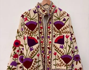 Handcrafted Cream Suzani Embroidered Jacket | Floral Folk Art Velvet Jacket | Boho Statement Coat color full jacket