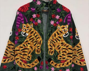 Tiger & Flower Print Embroidered Jacket, Indian Boho Floral Handmade Jacket