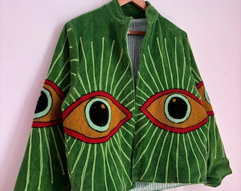Green Velvet Statement Eye Jacket Green Velvet Embroidered Jacket - Graphic Eye Design gifts for her