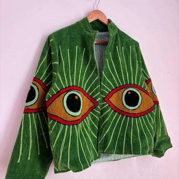 Green Velvet Statement Eye Jacket Green Velvet Embroidered Jacket - Graphic Eye Design gifts for her