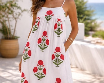 White Floral Summer Sundress with Red Blossom hand block dress print