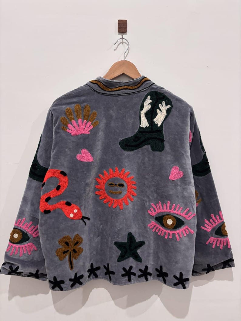 Chaqueta de terciopelo Suzani bordada, chaqueta bohemia india hecha a mano. imagen 9