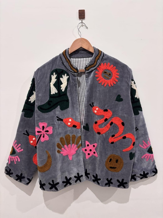 Velvet Suzani Embroidered Jacket, Indian Boho Handmade Jacket