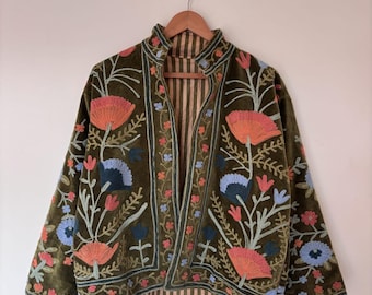 Green Velvet Handcrafted Floral Embroidered Velvet Jacket