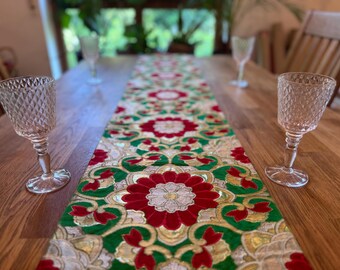 Vintage Japanese Obi Table Runner | Red Floral Brocade Table Decor | Luxury Kimono Textile Runner | Japanese Silk Table Runner