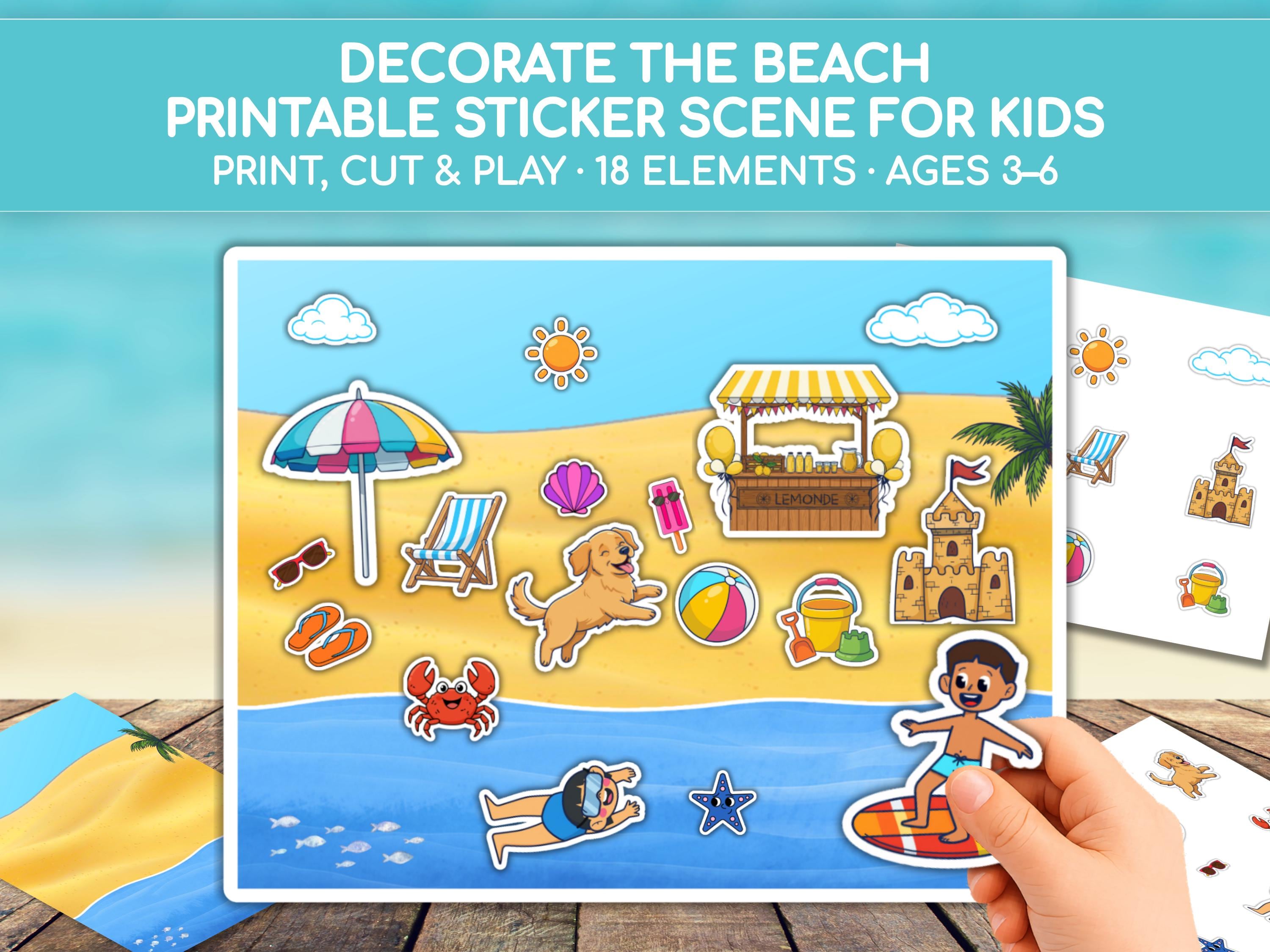 30 DIY Beach Crafts For Kids Perfect On Sunny Days 19 Summer Beach Craft Printable for Kids Cut and Paste Sticker Scene…