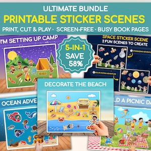May include: A 5-in-1 printable sticker scene bundle featuring colorful activity pages with themes including camping, space, beach, ocean, and picnic. Each page displays various characters and objects to arrange, with text labels like I'M SETTING UP CAMP.