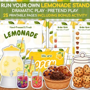 May include: A set of 25 printable pages for a lemonade stand dramatic play kit. Includes a lemonade dispenser, jars of fruit drinks, a basket of chocolate chip muffins, a cookie jar, play money, order forms, and an open sign with lemon graphics.
