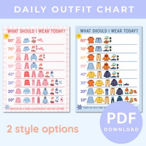 May include: Two colorful daily outfit charts with the text "Daily Outfit Chart" and "What Should I Wear Today?" The charts display clothing options for different temperatures, ranging from 10° to 80° Fahrenheit. The text "2 style options" and "PDF Download" are also visible.