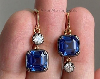Pendientes colgantes Asscher de zafiro azul y circonitas cúbicas de talla redonda, pendientes de aro Gypset de estilo georgiano con cierre de botón, joyería victoriana antigua de plata 925.