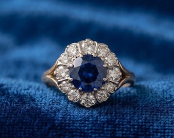 Blue Sapphire Round Cut Colorless Moissanite Engagement Ring, Georgian Style Halo Antique Ring, September Birthstone Ring In 925 Silver