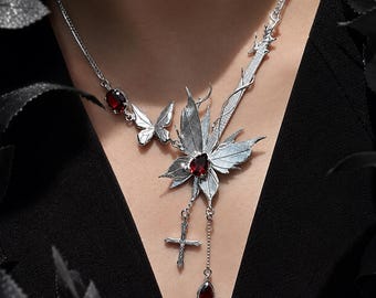Gothic Butterfly Necklace, Silver Tone Red Crystal Pendant, Dark Fantasy Fairy Jewelry, Dark Academia Statement Gift for Her