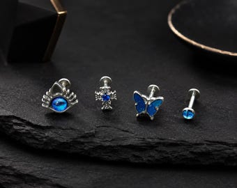 Blue Titanium Steel Lip Stud Set, Evil Eye Cross Butterfly Cat Eye Labret Piercing, Cartilage Earring, Gothic Body Jewelry