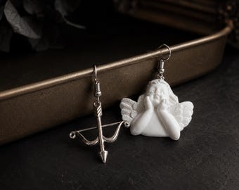 Mismatched Cherub Angel Earrings, Cupid Bow Arrow Dangle Earrings, Gothic Romantic Jewelry, Baroque White Angel Gift for Her, Dark Coquette