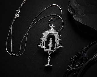 Gothic Silver Goblet Pendant Necklace, Dark Academia Candle Cup Charm, Baroque Statement Jewelry, Unique Gift for Her