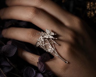 Spider Web Open Ring, Gothic Adjustable Silver Ring, Statement Butterfly Web Ring, Dark Fairy Jewelry, Unique Gift for Her