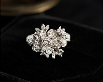 Silver Tone Rose Flower Ring, 3D Floral Statement Ring, Romantic Bridal Jewelry, White Rose Ring, Elegant Gift for Her
