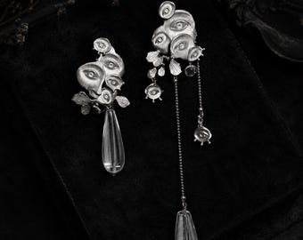 Gothic Silver Tone Eye Earrings, Asymmetrical Statement Drop Earrings, Clear Teardrop Dangle, Dark Romantic Jewelry