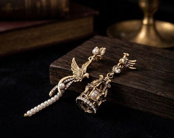 Vintage Bird Cage Earrings, Gothic Phoenix Pearl Drop Earrings, Asymmetric Bird Jewelry,Dark Academia Aesthetic, Victorian Antique Gold Gift