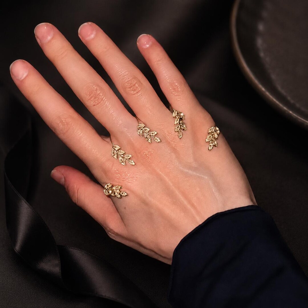 Gold Leaf Crystal Multi Finger Ring Set, Adjustable Open Knuckle Rings ...