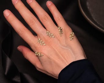 Gold Leaf Crystal Multi Finger Ring Set, Adjustable Open Knuckle Rings, Bridal Hand Jewelry, Statement Finger Cuffs Gift