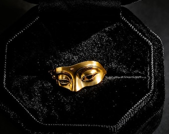 Gold Tone Buddha Face Ring, Adjustable Open Band Mask Ring, Zen Statement Jewelry, Vintage Inspired Art Ring, Unique Spiritual Gift
