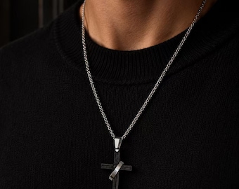 Black Cross Pendant Necklace, Silver Tone Gothic Jewelry, Minimal Unisex Faith Necklace, Punk Hip Hop Gift for Men Women, Birthday Gift