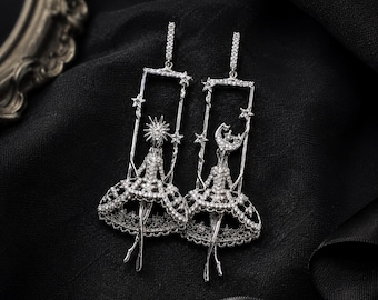Orecchini Ballerina Celeste, Orecchini Pendenti Luna Stella Danzatrice Argento, Orecchini Gotici da Balletto di tendenza, Gioielli da Danza con Cristallo