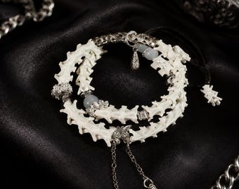 White Bone Style Bracelet, Gothic Natural Beaded Bracelet, Dark Mori Layered Charm Bracelet, Boho Statement Jewelry, Gift For Her