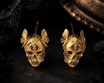 Gold Skull Butterfly Earrings, Gothic Statement Studs, Intricate Filigree, Unique Luxury Jewelry, Dark Romantic Gift for Her